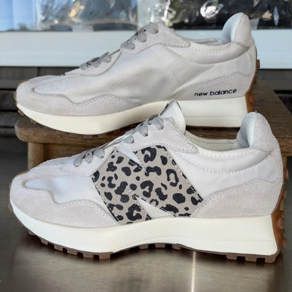 New Balance 327 Off White Moonbeam Leopard Beige Cream Suede  Size 5.5/38 EUC!